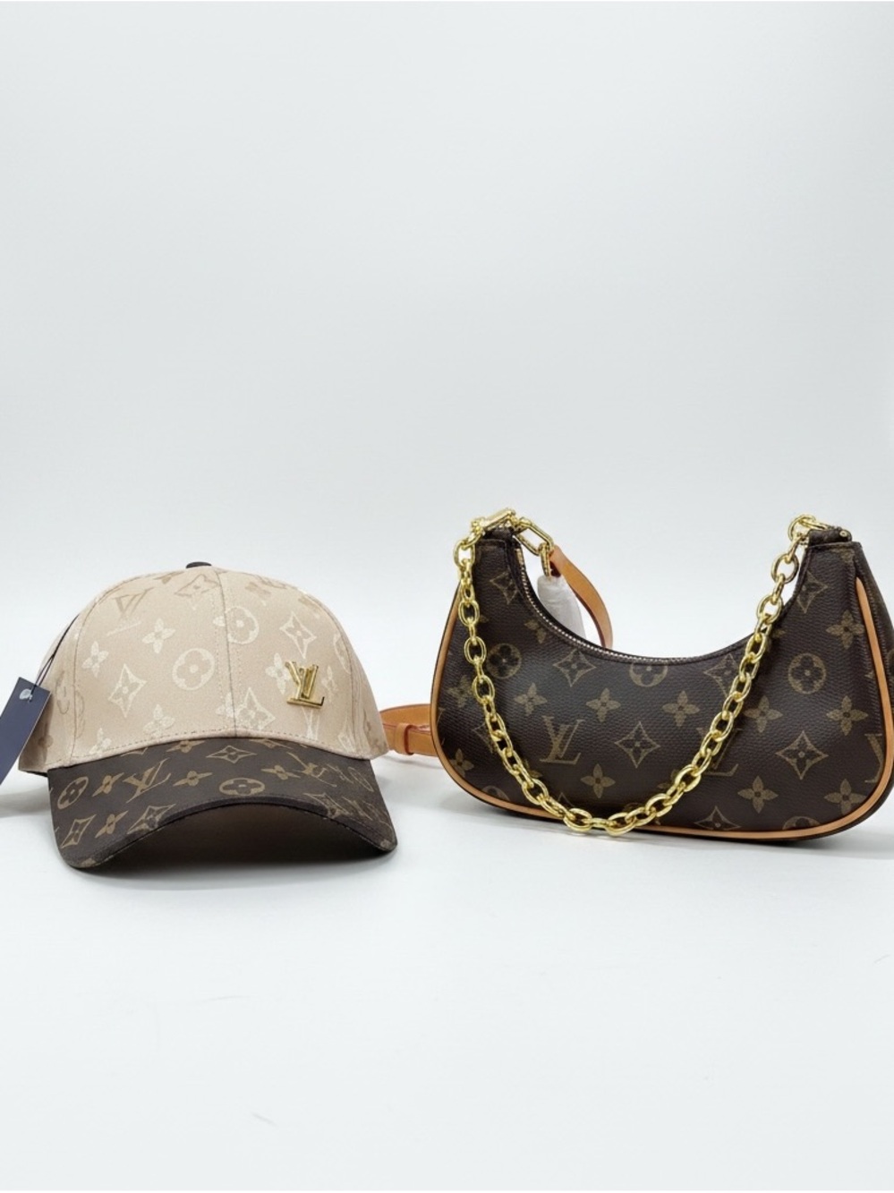 Louis Vuitton Beige & Brown Monogram Cap with Brown Monogram Mini Shoulder Bag
